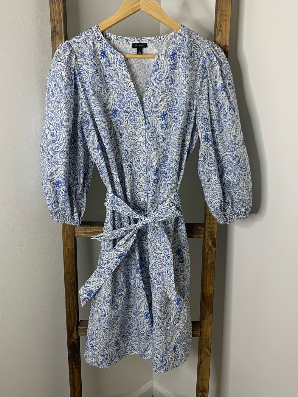 Talbots Blue Paisley Puff-Sleeve Tie-Waist Dress Size 6